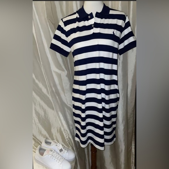 🎉HP🎉New! Polo Ralph Lauren Navy/WhiteStriped MiniMesh Classic Polo Dress L🐎🤍 - Picture 8 of 13